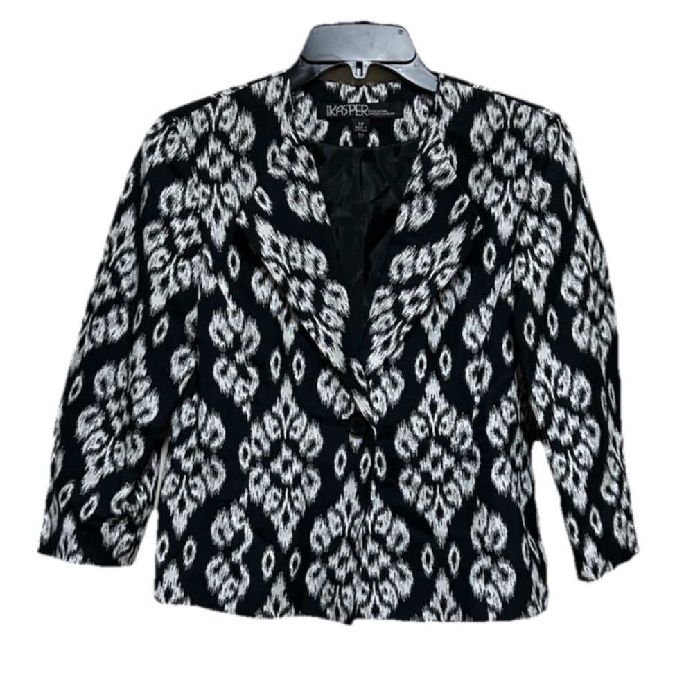 Kasper Blazer Size 4 Petite Black Ikat Print Linen Blend Lined Careerwear NWT
